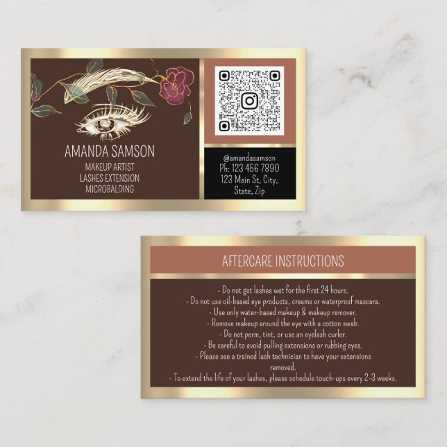 Eyelash Microblade QRCODE-eftervård Brown Ro Visitkort (Fram/baksida)