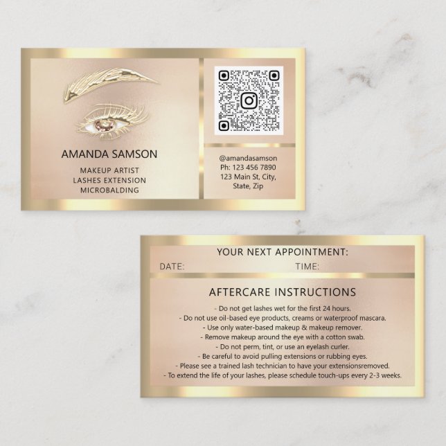 Eyelash Microblade QRCODE-eftervård, Ro-ram Visitkort (Fram/baksida)