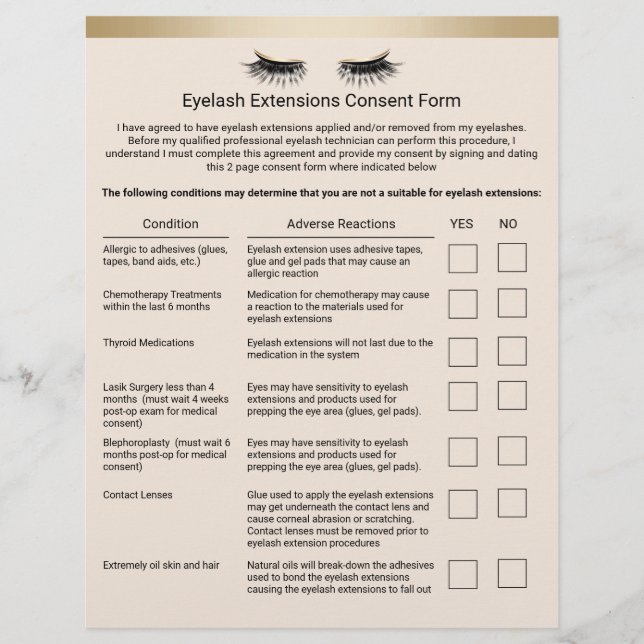 Eyelash Salon Liability Waiver Guld Gräns Reklamblad (Framsidan)