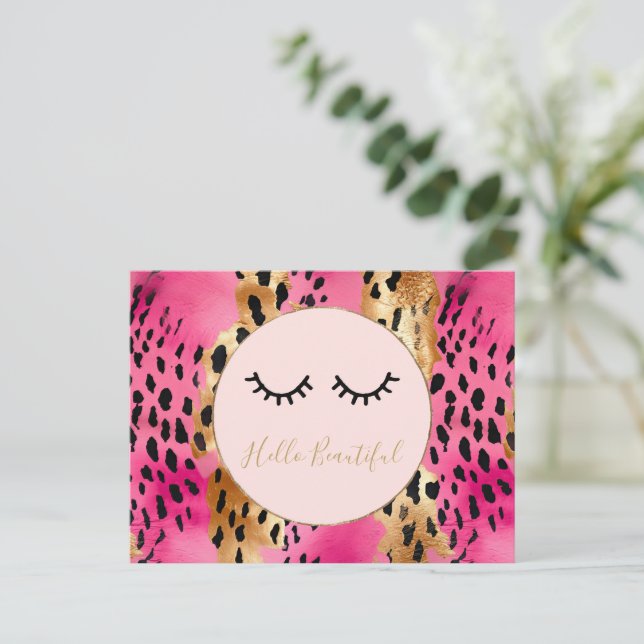 Eyelaska Girly Rosa Glam Black Guld Leopard Vykort (Stående Fram)