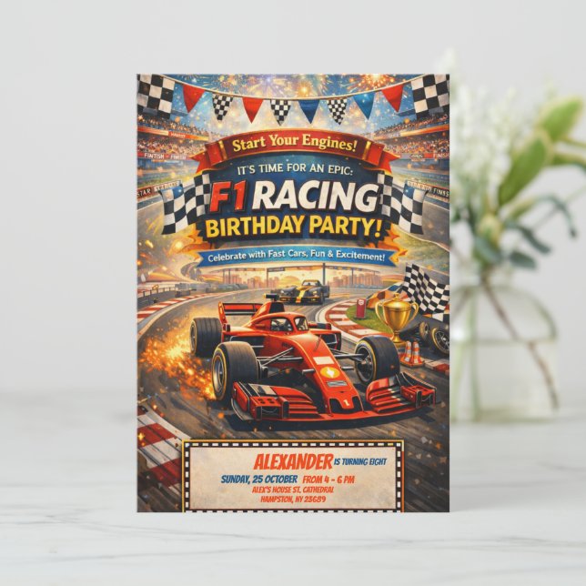 F1 Racing Röd Bil Födelsedags Pojke Fest Inbjudan (Stående Fram)
