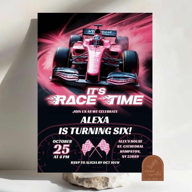F1 Rosa Racingbil Födelsedagsflicka Inbjudningar (Skapare uppladdad)