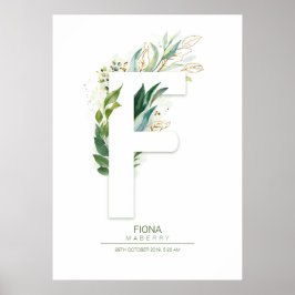 F Bokstavsmonogram Guld Greenery Blad Chic Poster