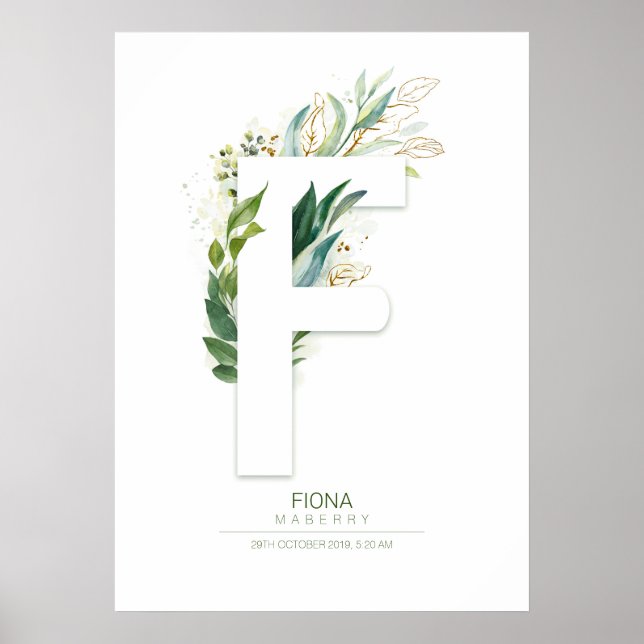F Bokstavsmonogram Guld Greenery Chic Poster (Framsidan)