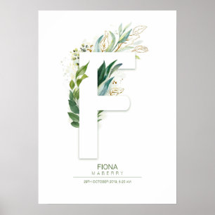 F Bokstavsmonogram Guld Grönska Chic Poster
