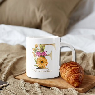 F Brev Guld Monogram Grönt för Blommigt av rosa Jumbo Mugg
