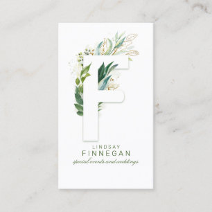 F Brev Monogram Guld Greenery Löv Elegant Visitkort