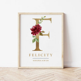 F Brev Monogram Namn Marsala Blommigt Nursery Poster