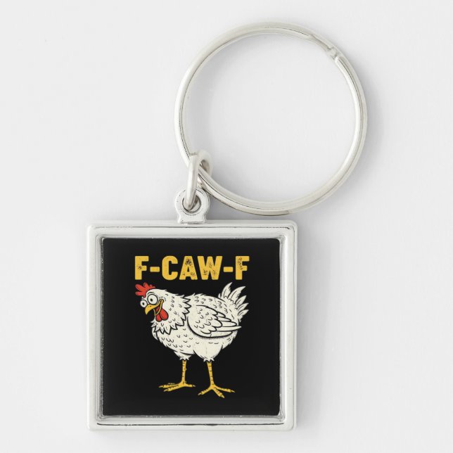 F-Caw-F Chicken Classic Retro Cool Fyrkantig Silverfärgad Nyckelring (Framsidan)