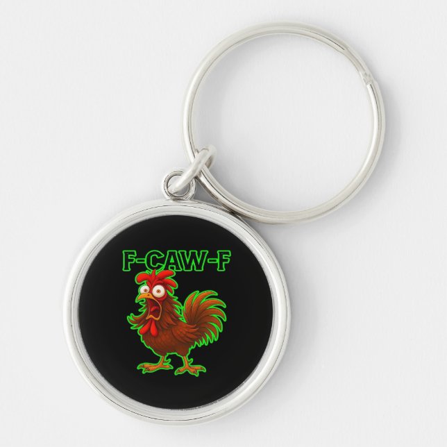 F-Caw-F Chicken Classic Retro Graphic Rund Silverfärgad Nyckelring (Framsidan)