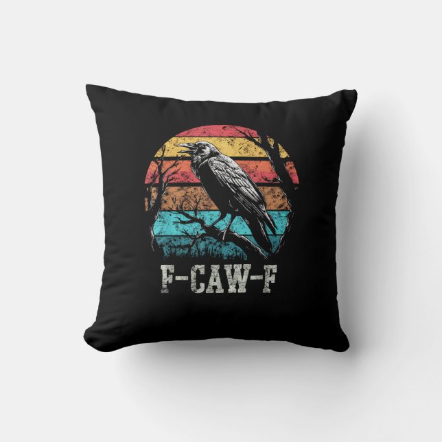 F-Caw-F Crow Retro Sunset Pun Funny Bird Cawing Gr Kudde (Framsida)