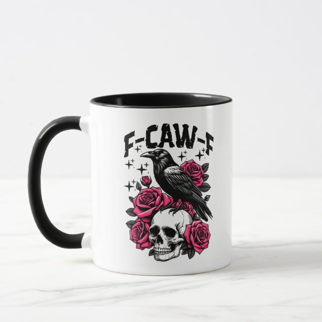 "F-CAW-F" Gotisk Kråks Skalle & Rosa Rosor Mugg (Vänster)