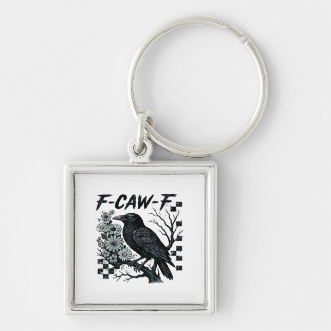 F-Caw-F Kråka Fågel Retro Klassiker Fyrkantig Silverfärgad Nyckelring (Framsidan)