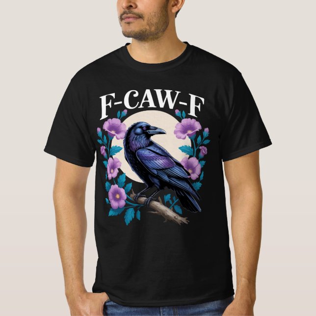 F CAW F Kråka Lila blommor och Måne T Shirt (Framsida)