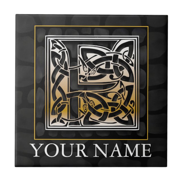 F "Ditt namn", Celtic Black Stone Monogram Tile Kakelplatta (Framsidan)
