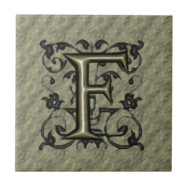 F - Embossed Vintage Monogram (Guld) Kakelplatta (Framsidan)