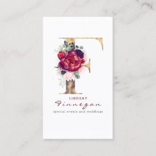 F Monogram Burgundy Red Flowers och Faux Guld Visitkort