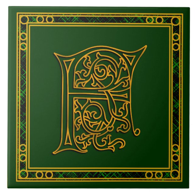 F Monogram "Irish Guld on Grönt" keramiska plattor Kakelplatta (Framsidan)