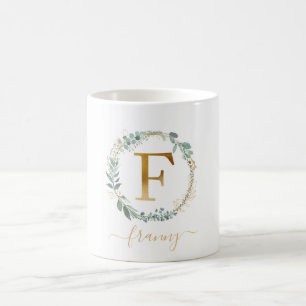 F monogram, kundspecifik, leafy wand-frand kaffemugg