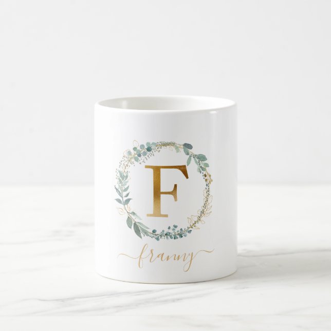 F monogram, kundspecifik, leafy wand-frand kaffemugg (Center)