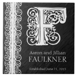 F Monogram "White Snöre on Black" Bröllop Tile Kakelplatta