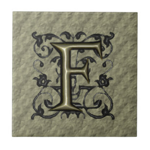 F - Präglad vintageMonogram (guld) Kakelplatta