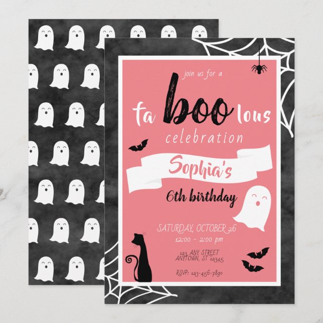 Fa"boo"lous Girls Birthday Ghost Halloween bjudand Inbjudningar (Fram/baksida)
