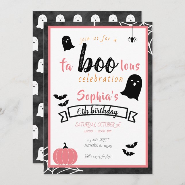 Fa’boo’lous Girls Birthday Ghost Halloween Inbjudningar (Fram/baksida)