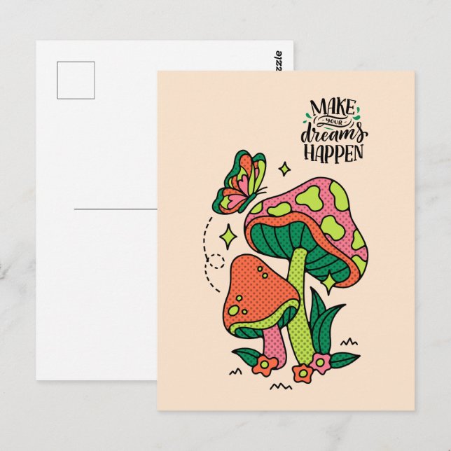 Få Drömmar att Hända | Färggranna Svampar  Fjäril Vykort (Fram/baksida)