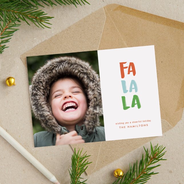 Fa La Helgdag-fotokort Julkort (Hand lettered watercolor Fa La La photo holiday Christmas card.)