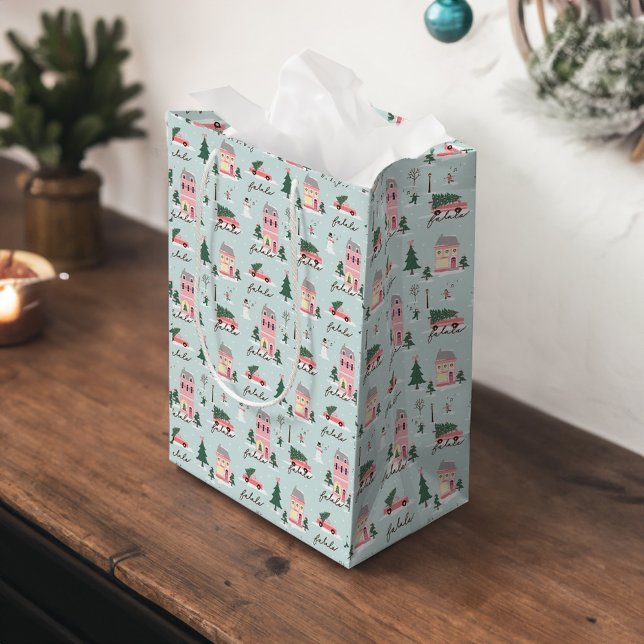 Fa La Home för Helgdagarna Town & Rosa Retro Van (Fa La Home For The Holidays Town & Pink Retro Van Medium Gift Bag)