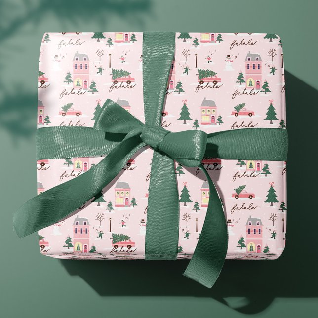 Fa La Home för Helgdagarna Town & Rosa Retro Van Presentpapper (Fa La Home For The Holidays Town & Pink Retro Van Wrapping Paper)