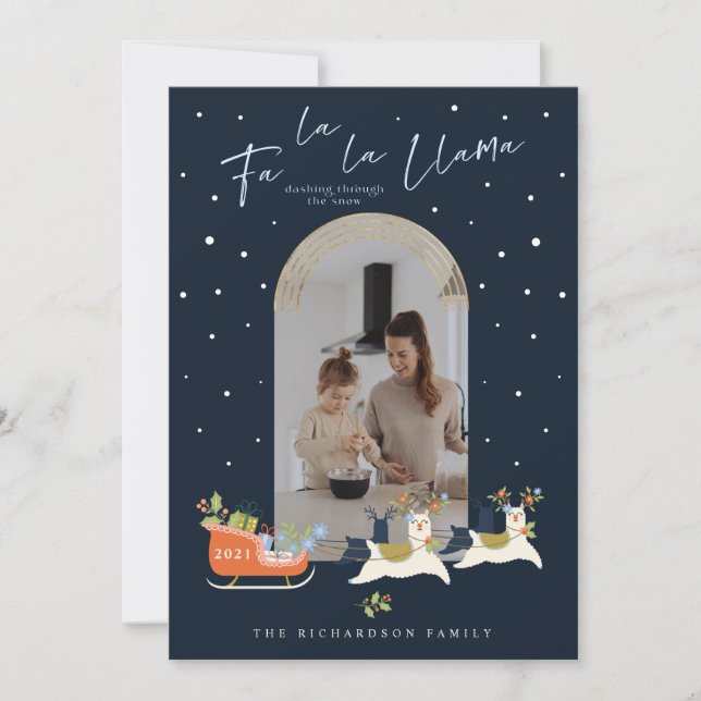 Fa La jul Llama Reindeers & Sleigh Photo Julkort (Framsida)