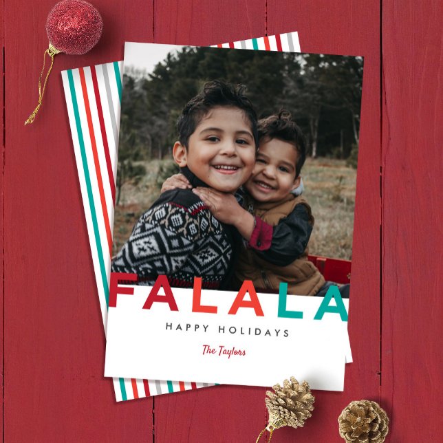 Fa La La Färgglad Modern Djärv Foto  Julkort (Fa la la happy holidays colorful stripes one photo Christmas card)