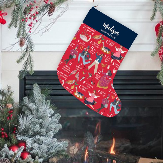 Fa La La jul 12 juldagar Röd Stor Julstrumpa (12 days of Christmas Stocking)