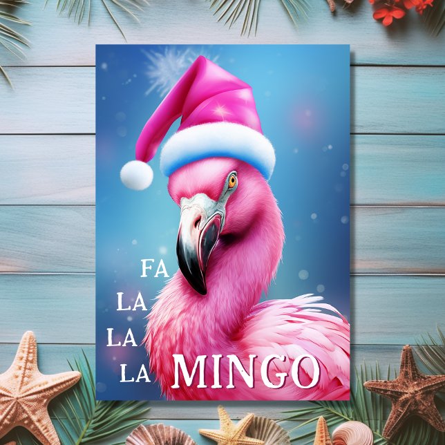 Fa La La Mingo Rosa Flamingo Beach-jul Kort (Front - Fa La La La Mingo Pink Flamingo Beach Christmas Card)