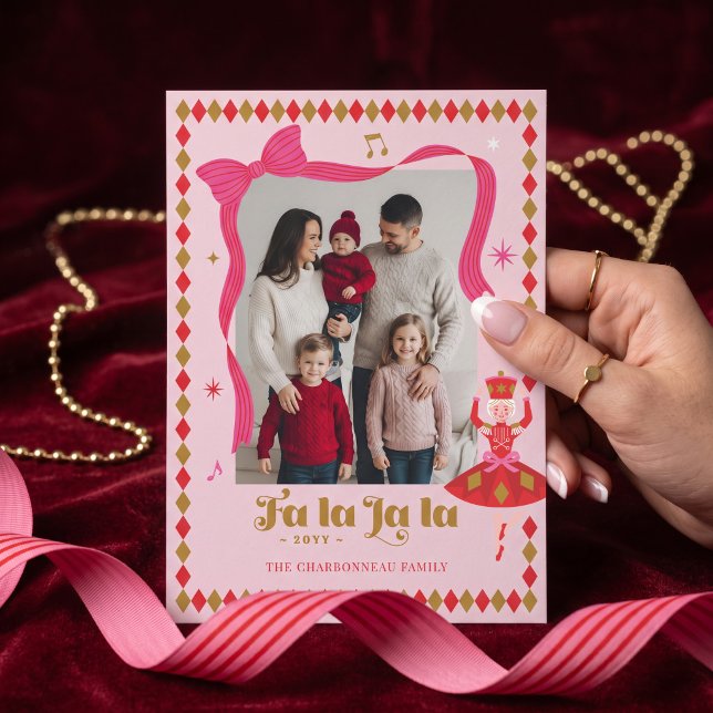Fa La La Nutcracker Rosa Festiv Jul Foto Julkort (Fa La La Nutcracker Pink Festive Christmas Photo Holiday Card)