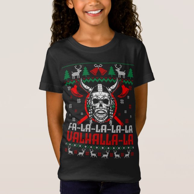 Fa-La-La-Valhalla-La Funny Viking God Ugly Julafto T Shirt (Framsida)