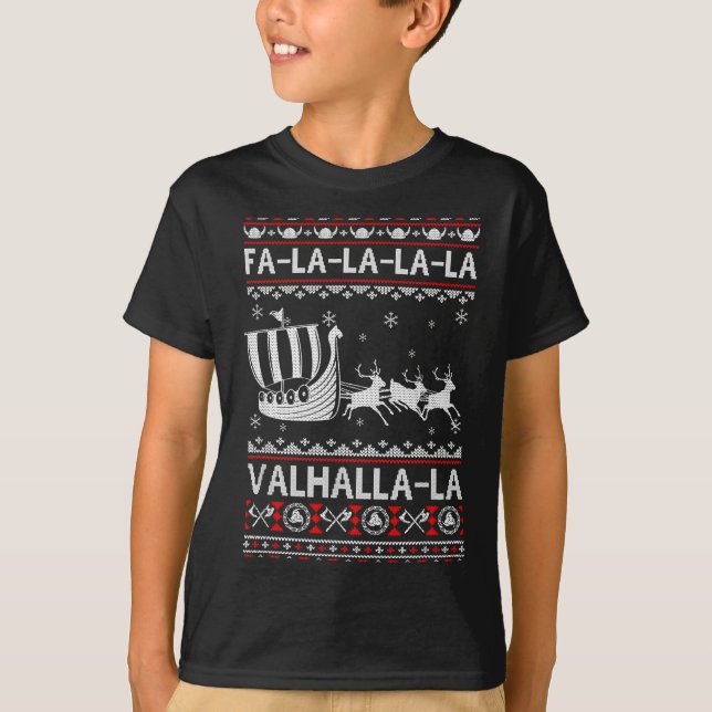 Fa La La Valhalla Viking Ship Christmas Xmas Ugly  T Shirt (Framsida)