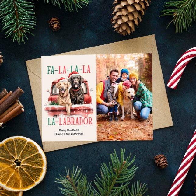 FA LA LABRADOR HUND RED LASTBIL HÅRIG CHRISTMAS HELG VYKORT (CHRISTMAS POSTCARD GOLDEN RETRIEVER BROWN LABRADOR DOG THEMED WITH SINGLE PHOTO)