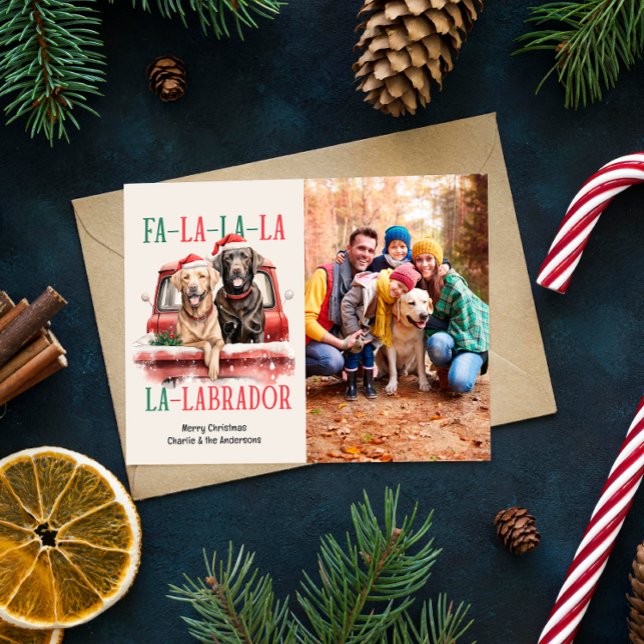 FA LA LABRADOR HUND RED LASTBIL HÅRIG CHRISTMAS JULKORT (RETRIVERS LOVER FA LA LA LABRADOR CHRISTMAS SINGLE PHOTO FAMILY CARD WITH DOG THEME RED TRUCK)