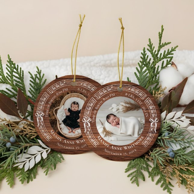 Fa La Lakan Music Birth Stats Baby Photo Woodgrain Julgransprydnad Keramik (Fa La Sheet Music Birth Stats Baby Photo Woodgrain Ceramic Ornament)