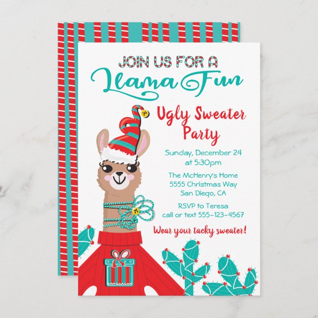 Fa la Llama Ugly jul Sweater Party Inbjudningar (Fram/baksida)