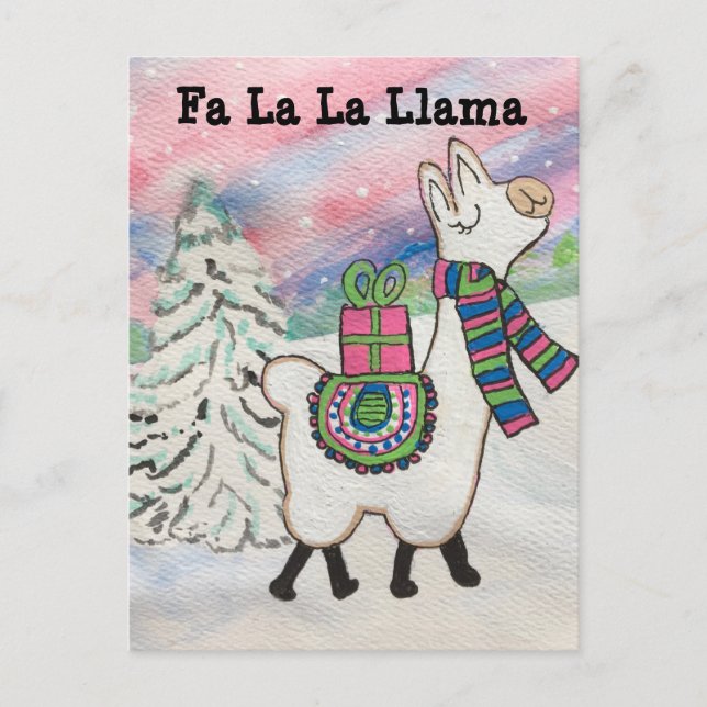 Fa La Llama Whimsical jul Vykort (Framsida)