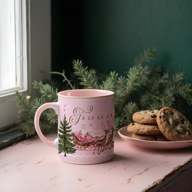Fa La Merry Rosa jultomten Seligh Reindeer Mugg (Fa La Merry Pink Christmas Santa Seligh Reindeer Mug)