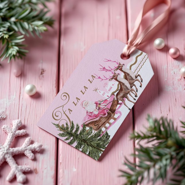 Fa La Merry Rosa jultomten Seligh Reindeer Presentetikett (Fa La Merry Pink Christmas Santa Seligh Reindeer Gift Tags Front)