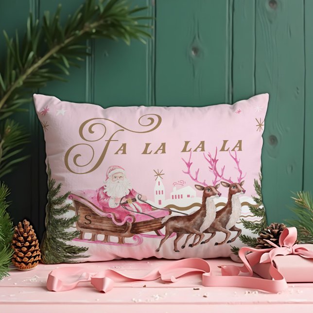 Fa La Merry Rosa jultomten Seligh Reindeer Prydnadskudde (Fa La Merry Pink Christmas Santa Seligh Reindeer Accent Pillow)