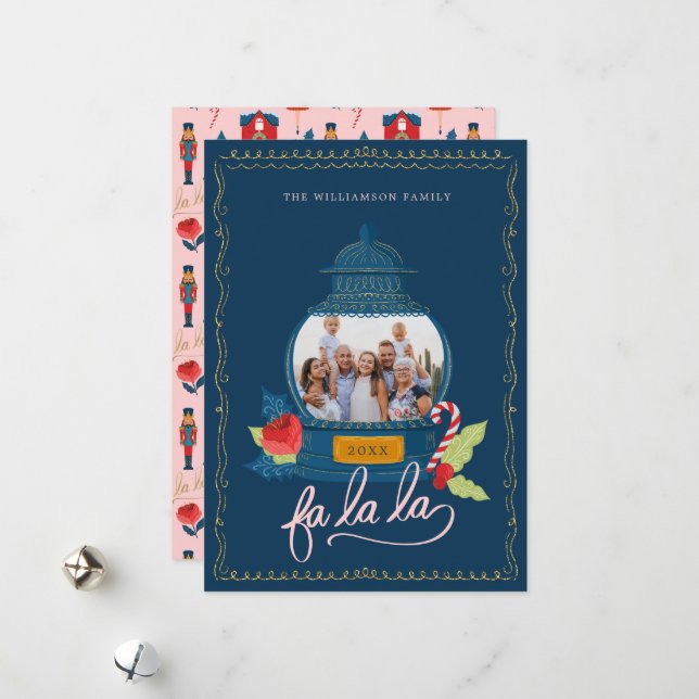 Fa La Nutcracker-julfamiljen Photo Snö Globe Julkort (Fram/Back In Situ)