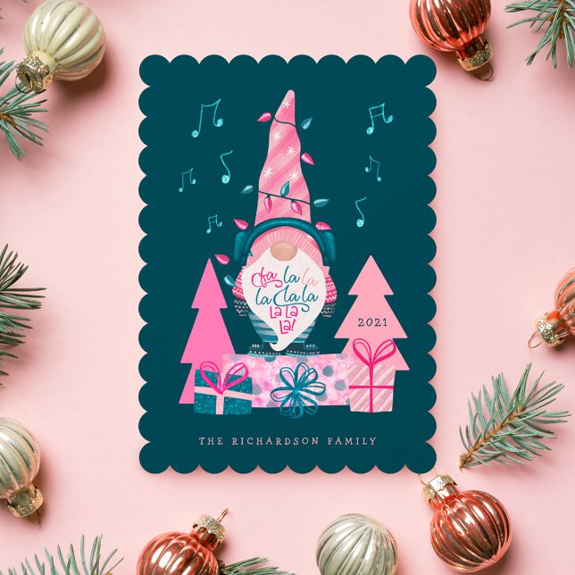 Fa La Roligt Bright jul Caroling Gnome Julkort (Fa La La Fun Bright Christmas Carolling Gnome Holiday Card)