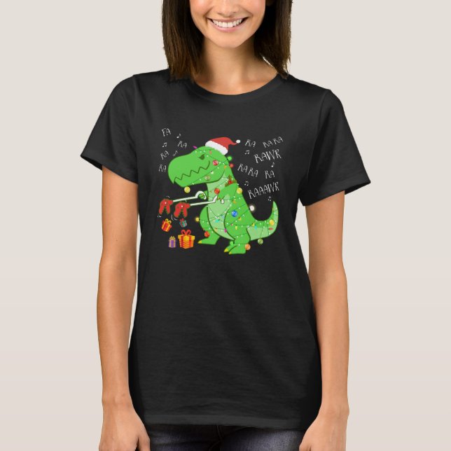 Fa Ra Ra Rawr juldosinosaur med Julafton Hat Li T Shirt (Framsida)